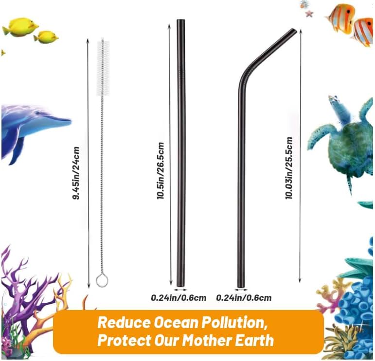 VEHHE Black Metal Straws, Stainless Steel Reusable Straws Set with Brush | 4 Pack 10.5" Extra Long Design Fits Tall Tumblers | 304 Stainless Steel Build | (2 Straight | 2 Bent | 1 Brush)