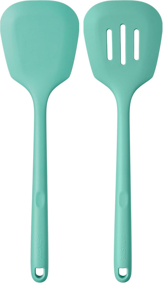 U-Taste 600ºF Heat Resistant Silicone Turners: 13.6in Long Solid & Slotted Kitchen Spatula Flipper, Wide and Large Flexible
