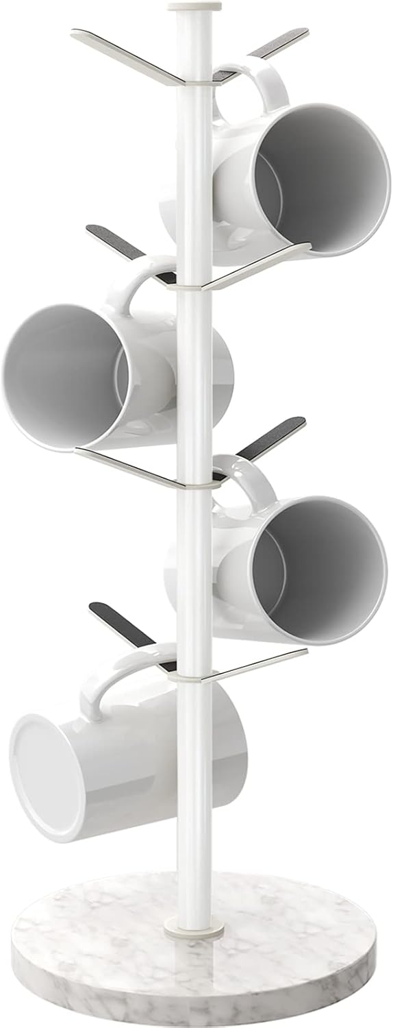 Mug Holder Tree with Marble Base, 8 Hooks White Coffee Cups Holder Stand, New Upgrad Stable Removabl