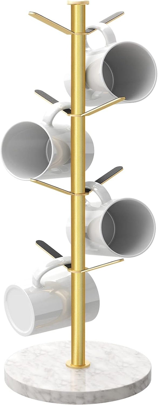 Gold Mug Holder Tree with Marble Base, 8 Hooks Coffee Cups Holder Stand, New Upgrad Stable Removable Mug Rack for Kitchen