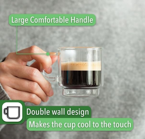 BTaT- Double Walled Stackable Espresso Cups, 2 oz, Set of 6, Clear Demitasse Coffee Mugs, Double Wall Insulated Espresso Cups, Coffee Mugs for Tea, Lattes