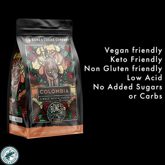 Bones Coffee Company Colombia Single-Origin Coffee, Almonds, Dried Fruit, Vanilla Notes, Flavored Ground Coffee, Medium Roast Low Acid Arabica Beans for Coffee Maker, 12 oz Ground