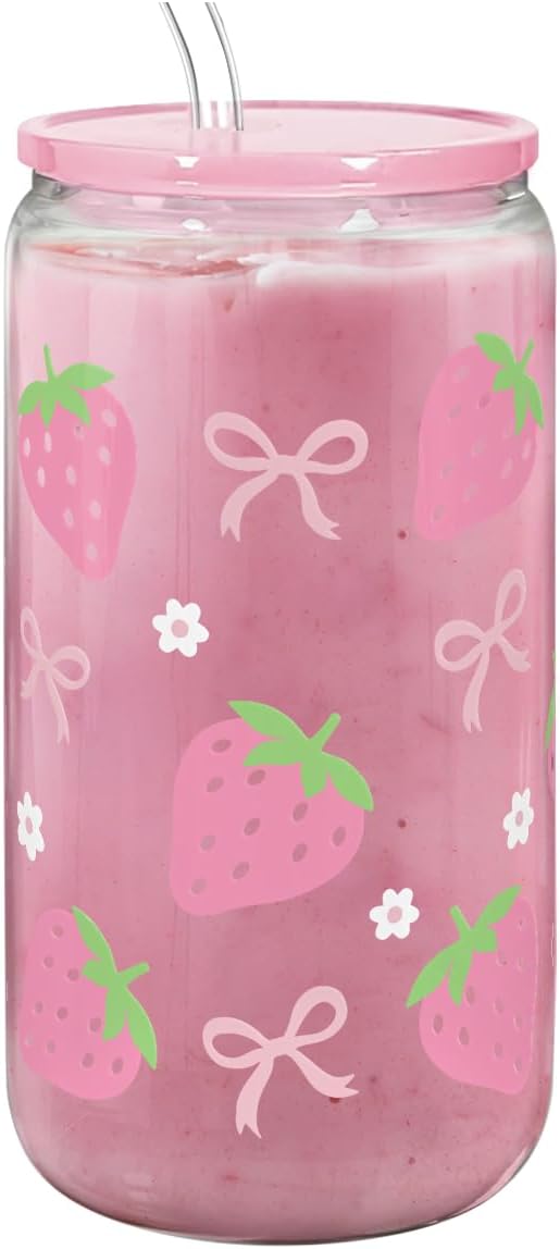 Strawberry 16 Oz Can Glass Tumbler with Acrylic Lid and Straw - Iced Coffee Cups for Women, Aesthetic Glass Cup Gift for