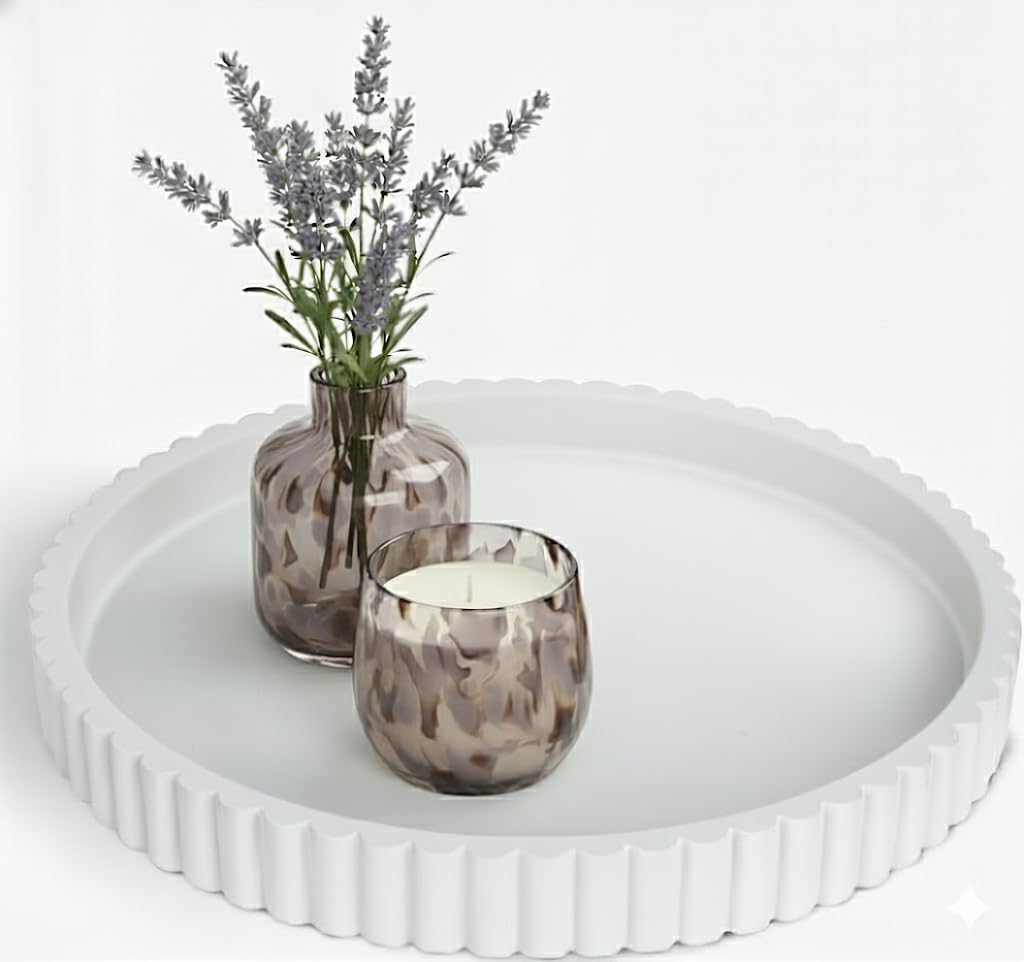 13-Inch Round Coffee Table Tray - Concrete bandejas decorativas Round White Decorative Tray for Coffee Table Decor - Table Centerpieces Kitchen Island Trays Decorative Trays - Dining Room Tray White