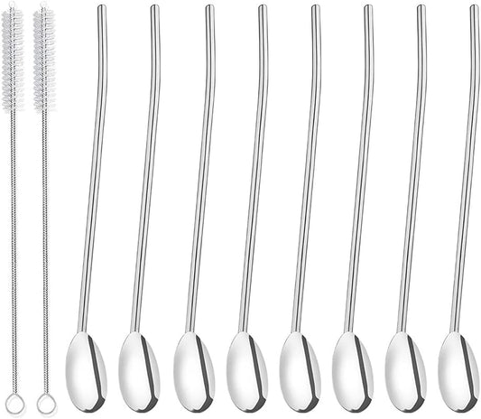 8Pcs Stainless Steel Straws Spoons, Reusable Metall Straws Spoon with 2 Cleaning Brushes,2 in 1 Snow Cone Straws Drinking