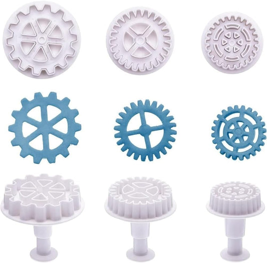 3Pcs White Gear Cookie Cutters, Steampunk Cogs Plunger Mold, 3D Gear Cookie Stamp Mold, Clock Wheel Biscuits Fondant Molds