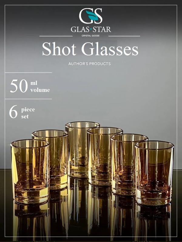 Honey Shot Glasses Set of 6 — 1.5 oz Amber Heavy Base Drinking Glass for Tequila, Vodka, Espresso — Elegant Barware Gift Pack