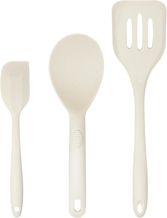 Silicone Utensils 3-Piece Set – Rubber Spatula, Slotted Turner, and Rice Paddle – Complete Heat-Resistant Set for Non-Stick
