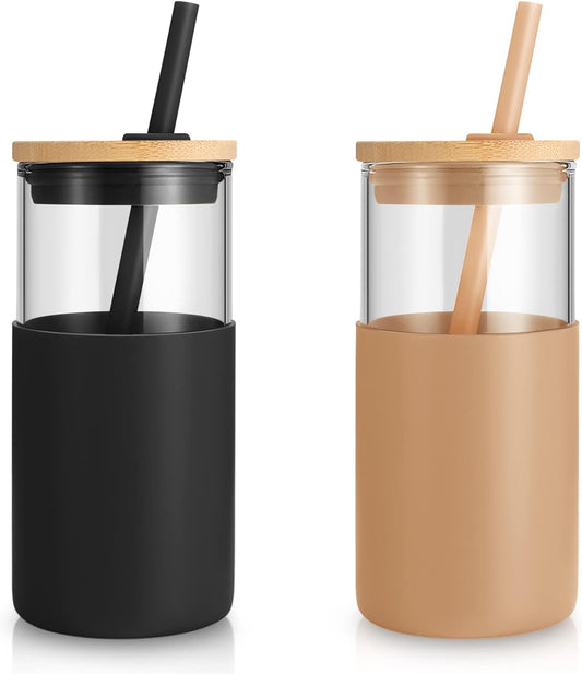 Tronco 16 oz Glass Tumbler with Lids and Straws, Reusable Iced Coffee Cups | Borosilicate Glass Cups with Bamboo Lid, Silicone Sleeve, Smoothie Cup, Dishwasher Safe, Car Cup Holder, Iced Coffee Tumbler