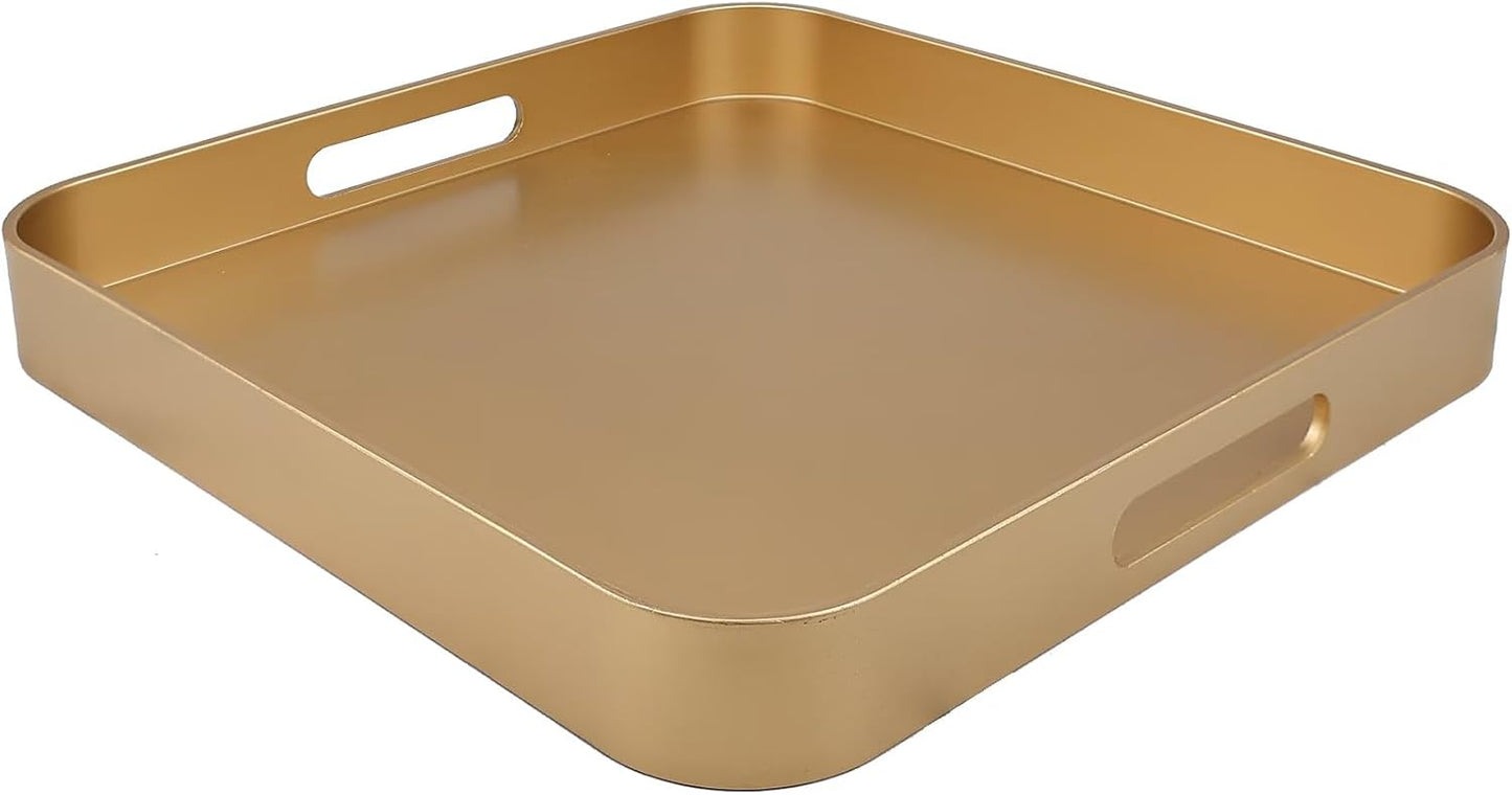 Gold Square Decorative Tray with Handles, 13"*13" Versatile Serving Tray for Coffee Table, Ottoman, 