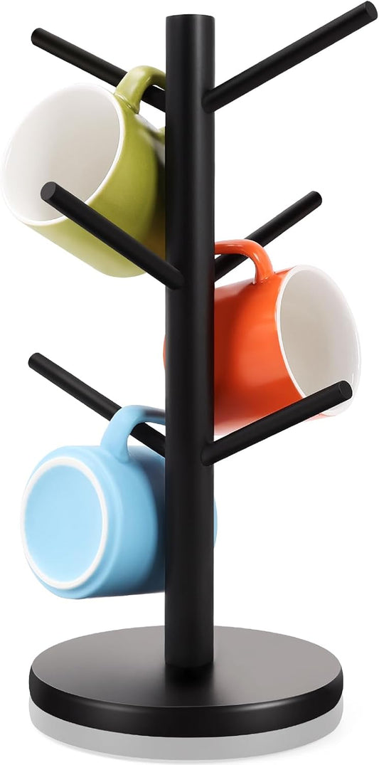 Mug Holder Tree, Thicker Base Coffee Cup Holder for Countertop, Sturdy Wood Coffee Mug Hanger with 6 Hooks, Non-Slip Cup