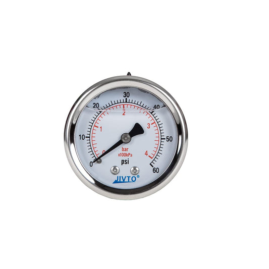 Pressure Gauge,Liquid Filled,2 1/2" face Dia,0-60 psi/bar/kpa,1/4" NPT Back Mount, Polycarbonate Lens Window, Stainless