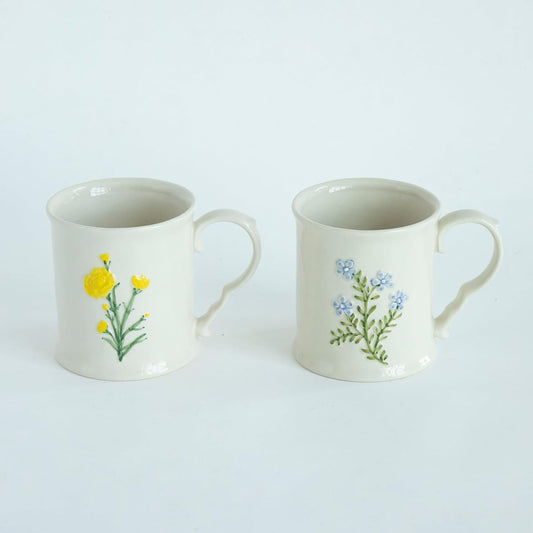 2 Pack Floral Ceramic Coffee Mugs - Yellow and Blue Flowers, Hand-Painted, Microwave & Dishwasher Safe, Ideal for