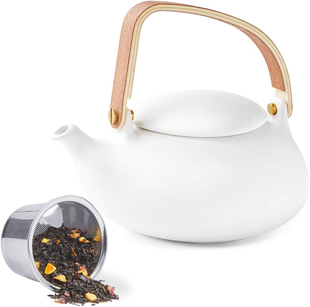 ZENS Ceramic Teapot with Infuser, 27oz Japanese Teapot for Loose Leaf Tea | Matte White Minimalist Tea Pot with Infusers for Loose Tea Steeper for Women Gifts, Modern Bentwood Handle