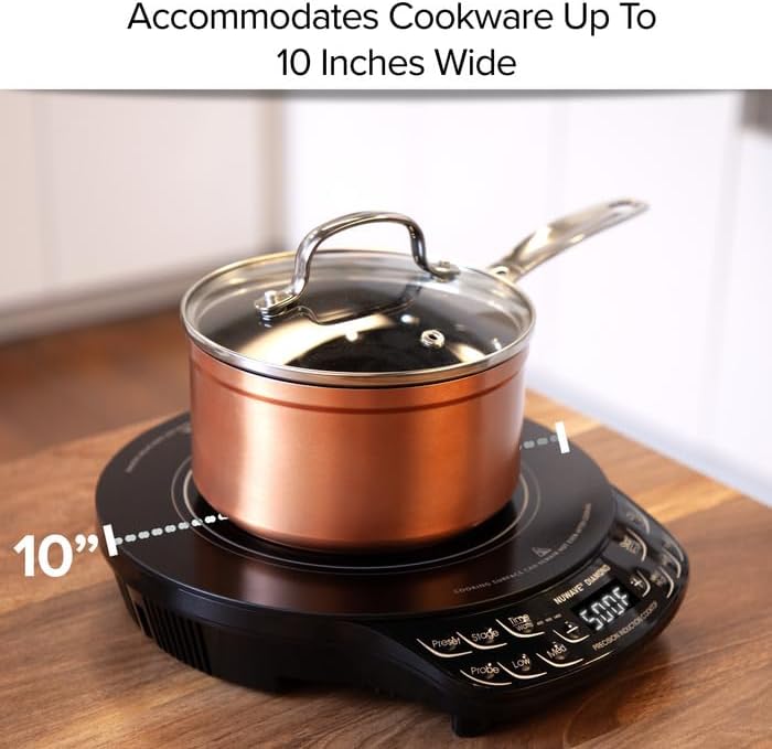 Nuwave Diamond Induction Cooktop, New & Improved Electric Burner with Probe, 91 Temps 50°F to 500°F, 6.5” Heating Coil, Shatter-Proof Ceramic Glass, 3 Wattage Settings, Ideal for Dorms, RVs & Apts