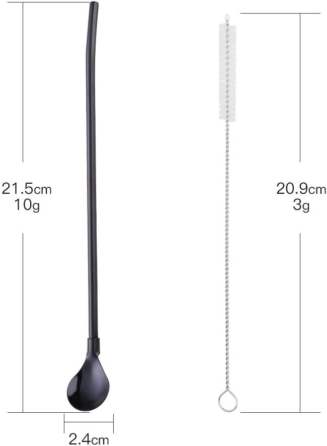 Straw Spoon, 8PCS 8.5inch 18/8(304) Stainless Steel Metal Straws Spoon Reusable Straws Spoon + 2 Brushes（Black）