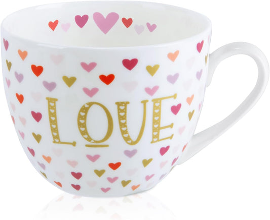 LOVE Mug with Hearts for Daily Coffee and Tea, Premium 20 oz Bone China Coffee Tea Hug Mug, Perfect Holiday, Valentine’s,