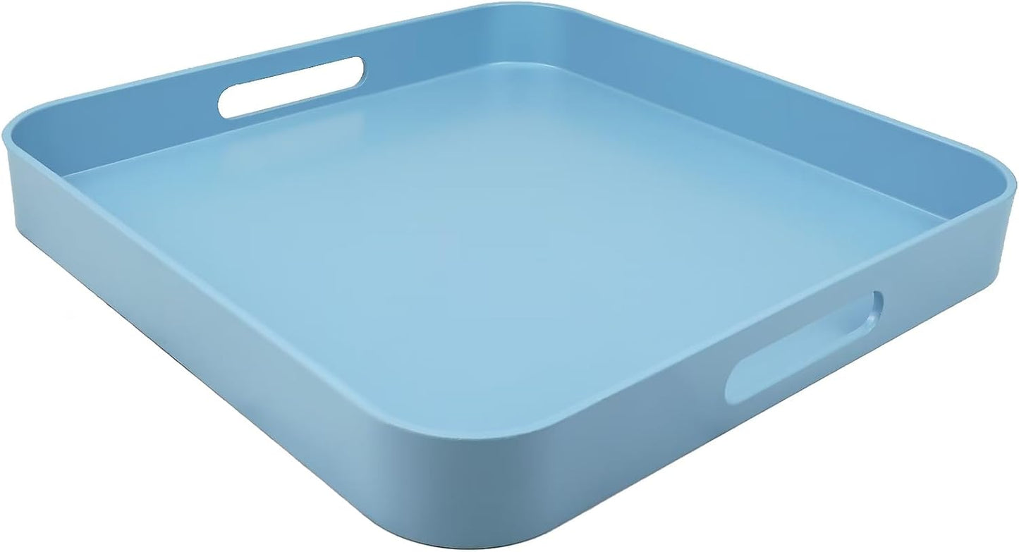 Square Blue Decorative Serving Tray with Handles, Versatile Ottoman Tray for Coffee Table, Entertain