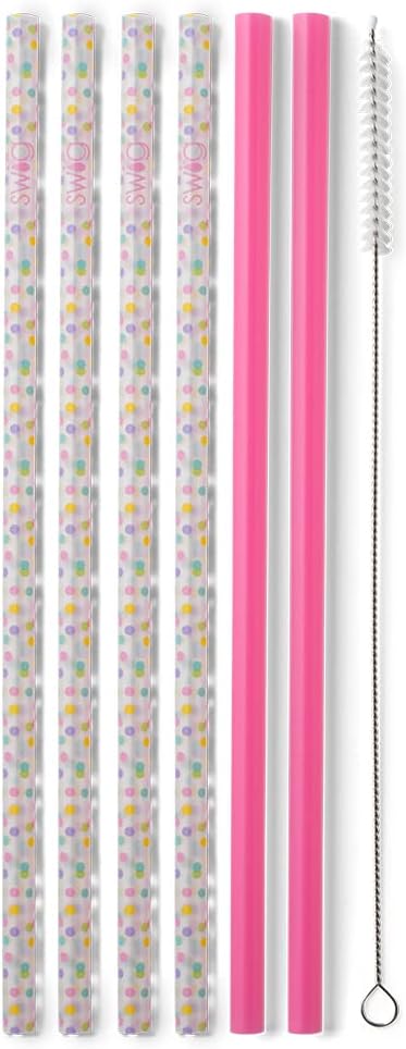 Swig Life Reusable Straws Confetti + Pink Tall Straw Set & Cleaning Brush, Each Straw is 10.25 inch Long (Fits Swig Life