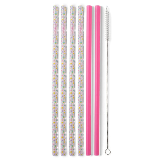 Swig Life Reusable Straw Set with Cleaning Brush, Confetti + Pink | Reusable Straw Set - Cleaning Brush Included - 14 Inch Long - Accessories for Cups &amp; Mugs