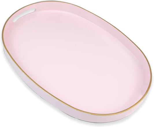 Pink Oval Decorative Tray with Handles, Versatile Serving Tray for Coffee Table, Ottoman, Ideal for Serving, Displaying,
