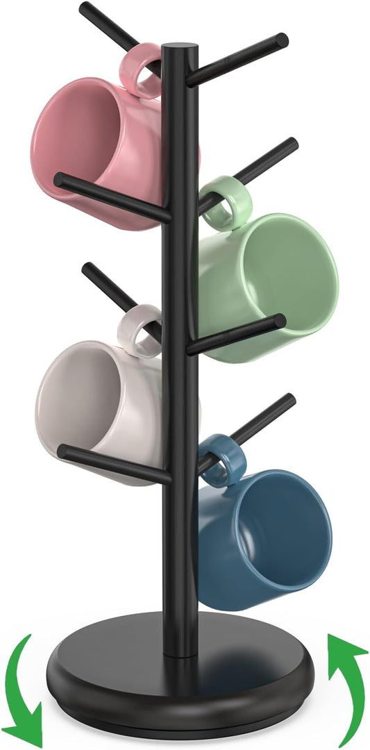 BAMBANG Coffee Mug Tree, 360° Rotating Bamboo Cup Holder Tree for Counter Top, Mug Rack with 8 Hooks, Mug Stand for Coffee