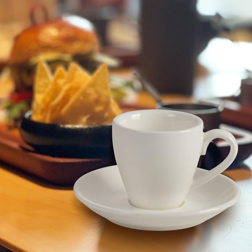 homEdge Porcelain Espresso Shot Cup Set with Saucers and Stainless Steel Spoons - 80 ml / 2.67 oz, Set of 4, White