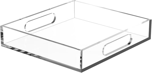 15 * 15 Acrylic Tray for Ottoman, Serving Tray with Handle, Lucite Tray Organizer for Bench, Coffee Table Countertop,