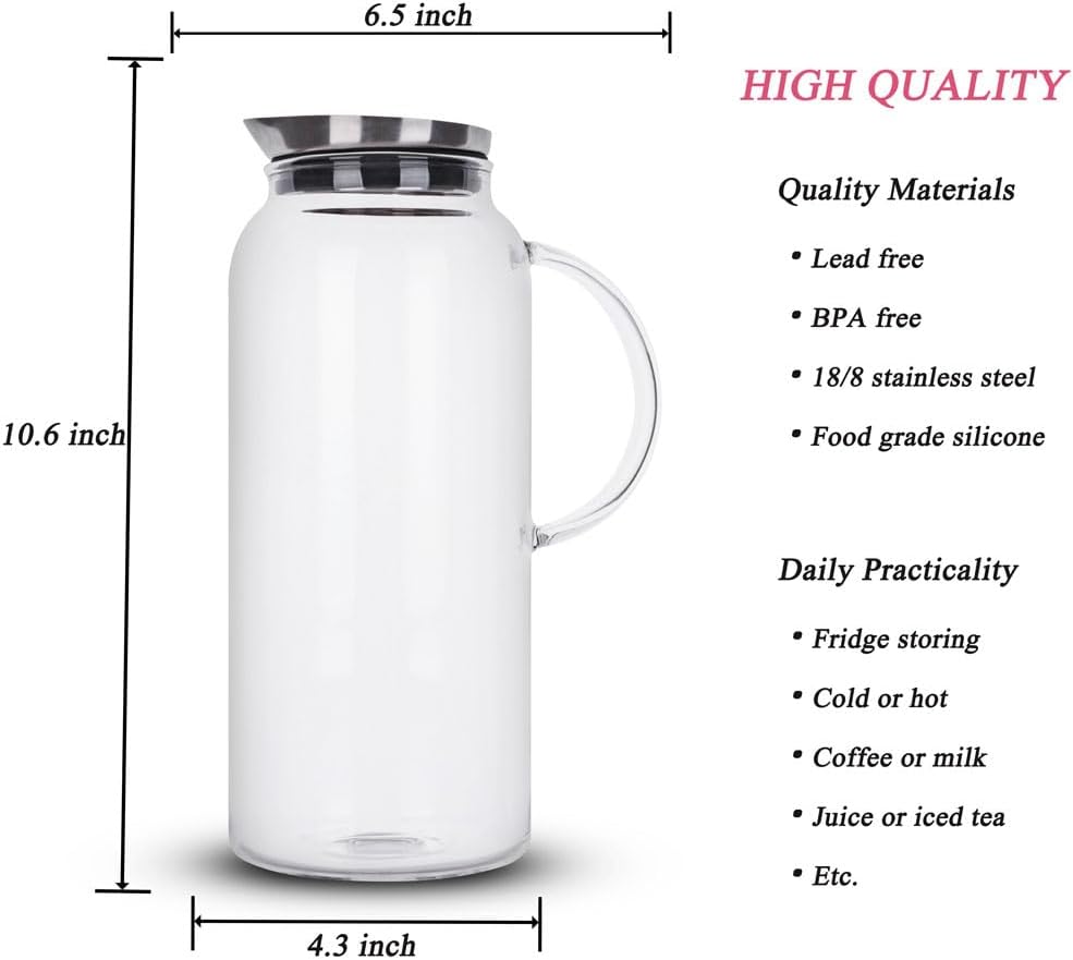 Purefold 68 Ounces Glass Pitcher with Lid, Hot/Cold Water jug for Coffee