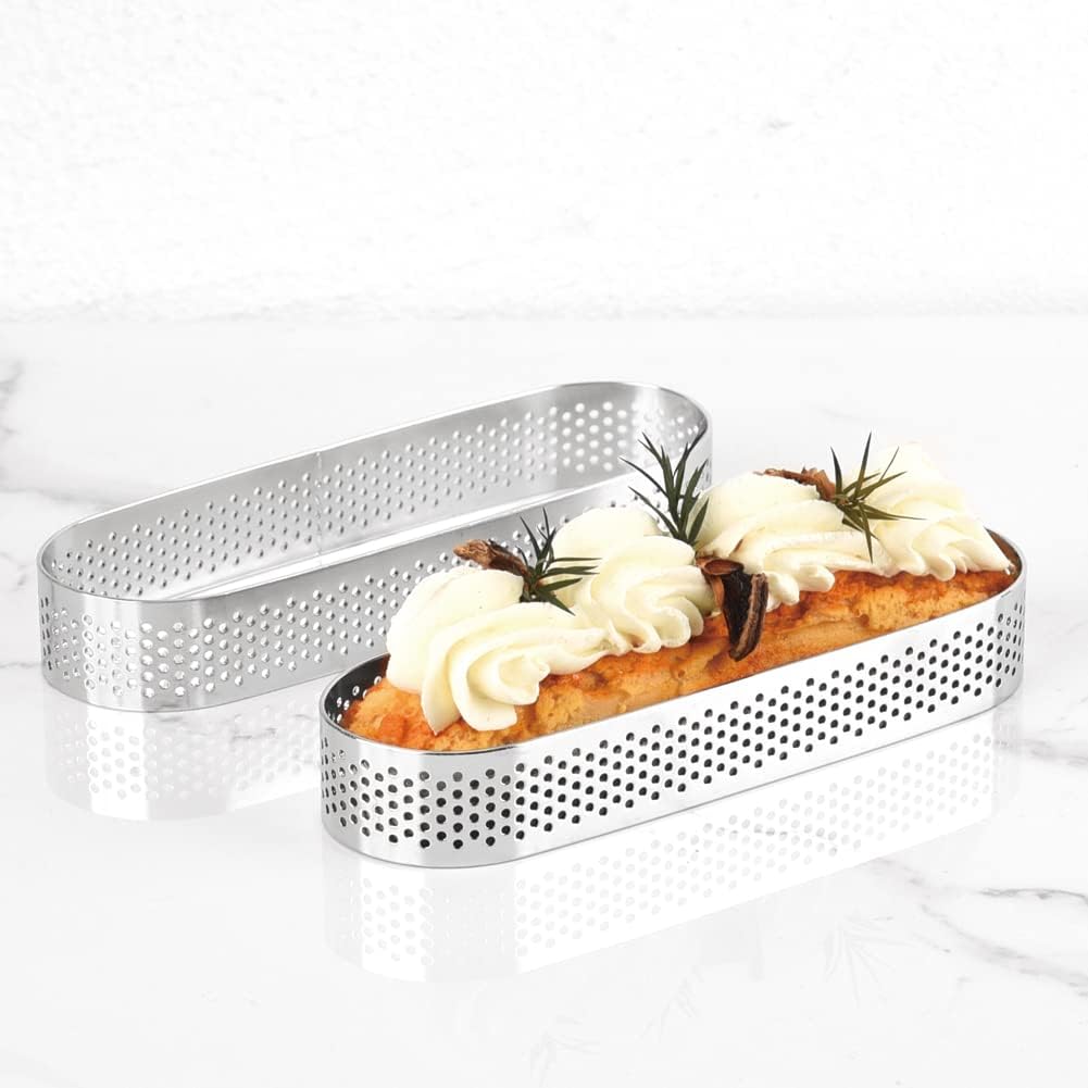 Guowall 6 pack Perforated Oval Tart Rings 304 Stainless Steel Pastry Mould 5 inch Cake Molds for Baking, Nonstick Fruit Tarte Crust Tools (13cm)