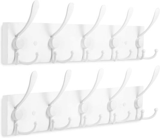 2pcs Coat Rack Wall Mount Coat Hooks Wooden Hat Rack for Wall Hooks Pine Real Wood Plank 16.9" White Coat Hanger with 5