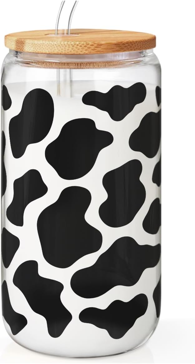 SANDJEST Cow Glass Can, Cow Prints Cup with Lid &amp; Straw, Iced Coffee Aesthetic Cups, Idea Gift for Christmas Birthday Mother Day, Gifts for Women, 16oz