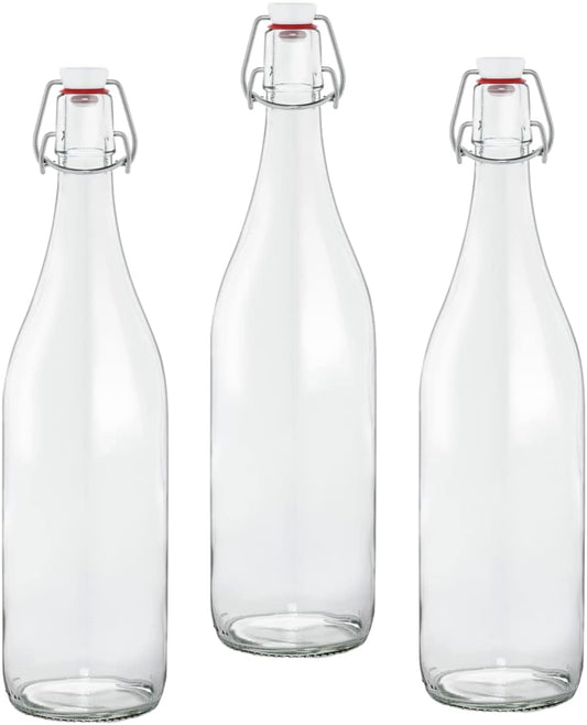 Le Parfait Pitchers | 32oz (Pack of 3) 1 Liter Glass Swing Top Milk Pitcher with Printed Logo & Airtight Swing Stopper |
