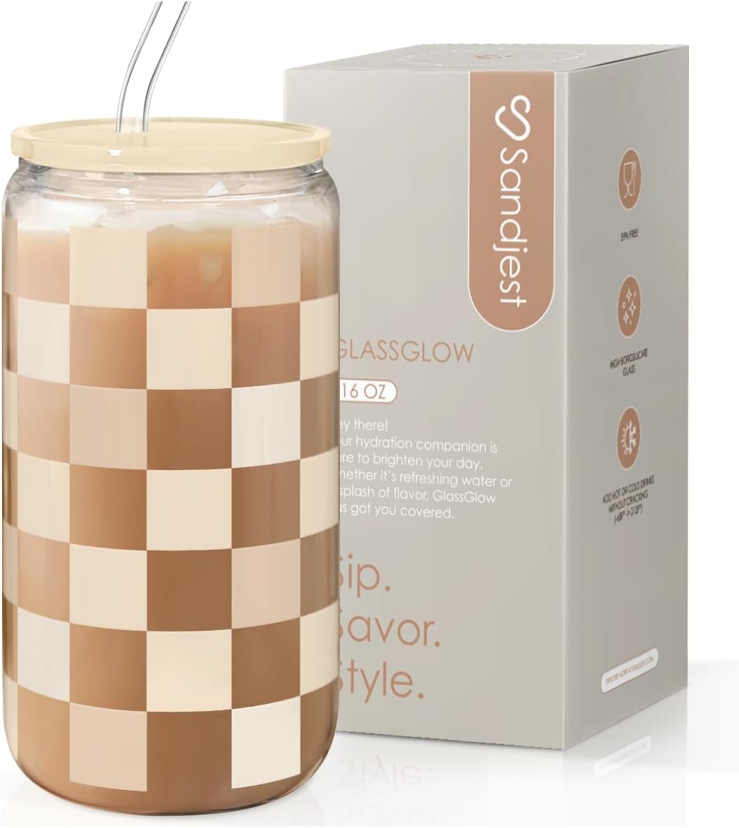 SANDJEST Checkerboard Glass Can, Beige Checker Cup with Lid &amp; Straw, Iced Coffee Aesthetic Cups, Gift for Christmas Birthday Mother Day, Gifts for Women, 16oz