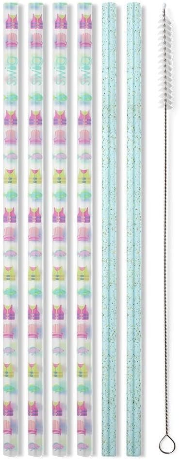 Swig Life Reusable Straws Lake Girl+ Aqua Glitter Tall Straw Set & Cleaning Brush, Each Straw is 10.25 inch Long (Fits Swig
