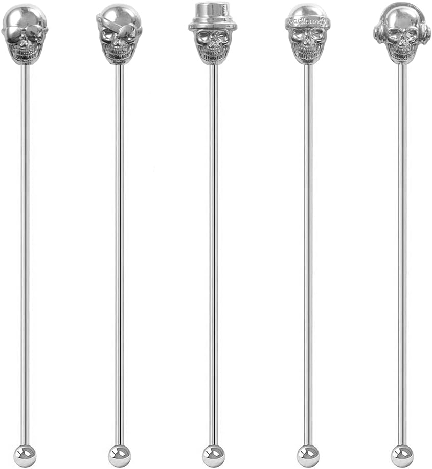Skull Shape Swizzle Sticks, Reusable Stainless Steel Coffee Beverage Stirrers Cocktail, 5-Pack Drink Stir Sticks for Bar Party Home Office (Silver)