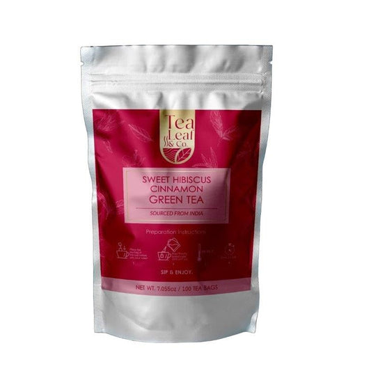 Tealeaf & Co. Sweet Hibiscus Cinnamon Green Tea with Hibiscus, Cinnamon, Stevia & Clove - Green Tea Bags with Fresh Herbs and Spices (Low Caffeine) - 100 Teabags