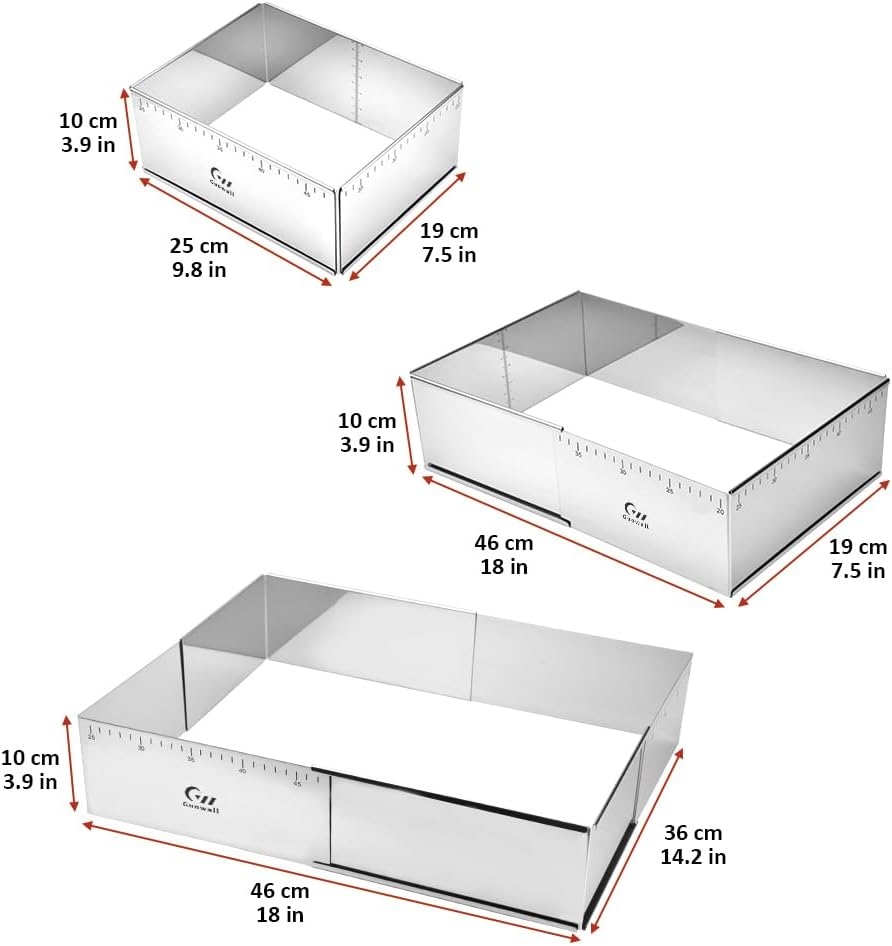 Rectangular Cake Ring Mold Stainless Steel Heavy Duty Adjustable Tiramisu Pan Big Size Extensible Pastry Shaping Mould for Baking - 9.5 x 7.5 x 4 inch