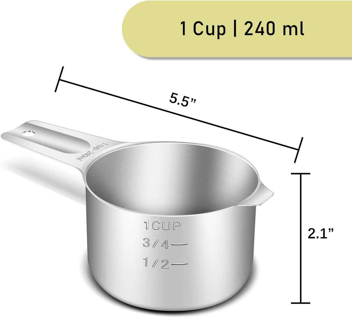 2PCS 1Cup (240ml, 8oz) Single Measuring Cup, Stainless Steel Measure Scoop, Metric and US Measurement, Heavy Duty, Dishwasher Safe
