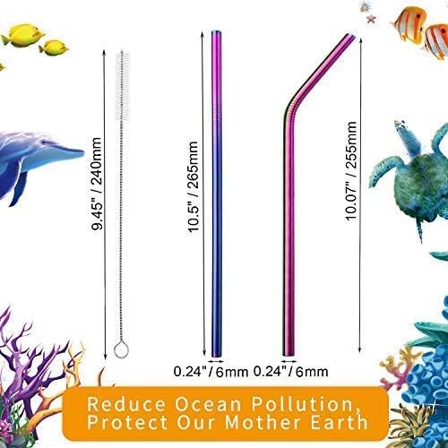 VEHHE Rainbow Metal Straws, Stainless Steel Reusable Straws Set with Brush | 4 Pack 10.5" Extra Long Design Fits Tall Tumblers | 304 Stainless Steel Build | (2 Straight | 2 Bent | 1 Brush)