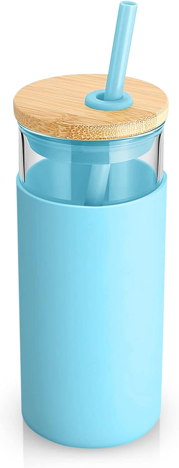 Tronco 20 oz Glass Tumbler with Lid and Straw, Reusable Iced Coffee Cup with Silicone Sleeve & Bamboo Lid, Smoothie Cup for Home,Office, for Father Men Day Gift from Wife Daughter Son (Cape Cod Blue)