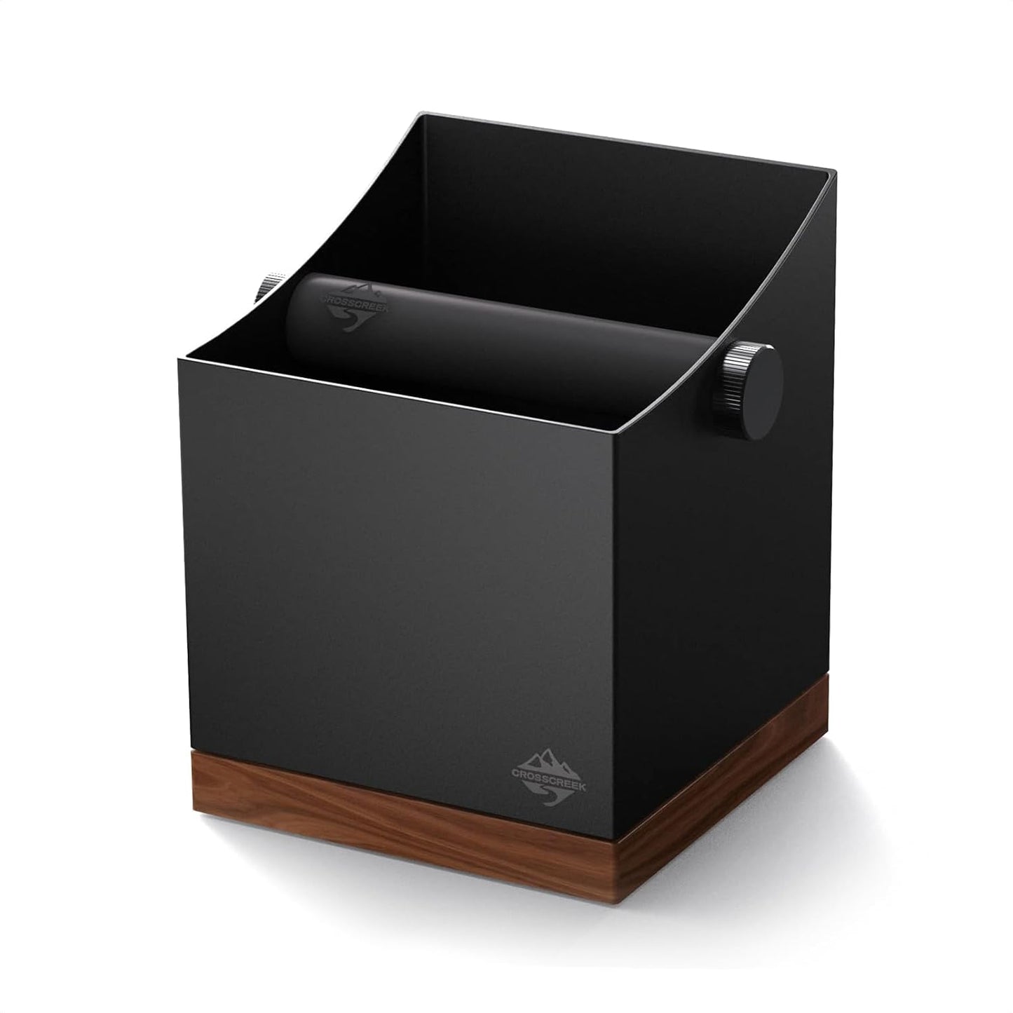 CrossCreek Coffee Knock Box | 2.5L Large Espresso Grounds Container | Metal & Walnut Wood | Removable Silicone Knock Bar & Non-Slip Base | Espresso Accessories for Coffee Bar | Black