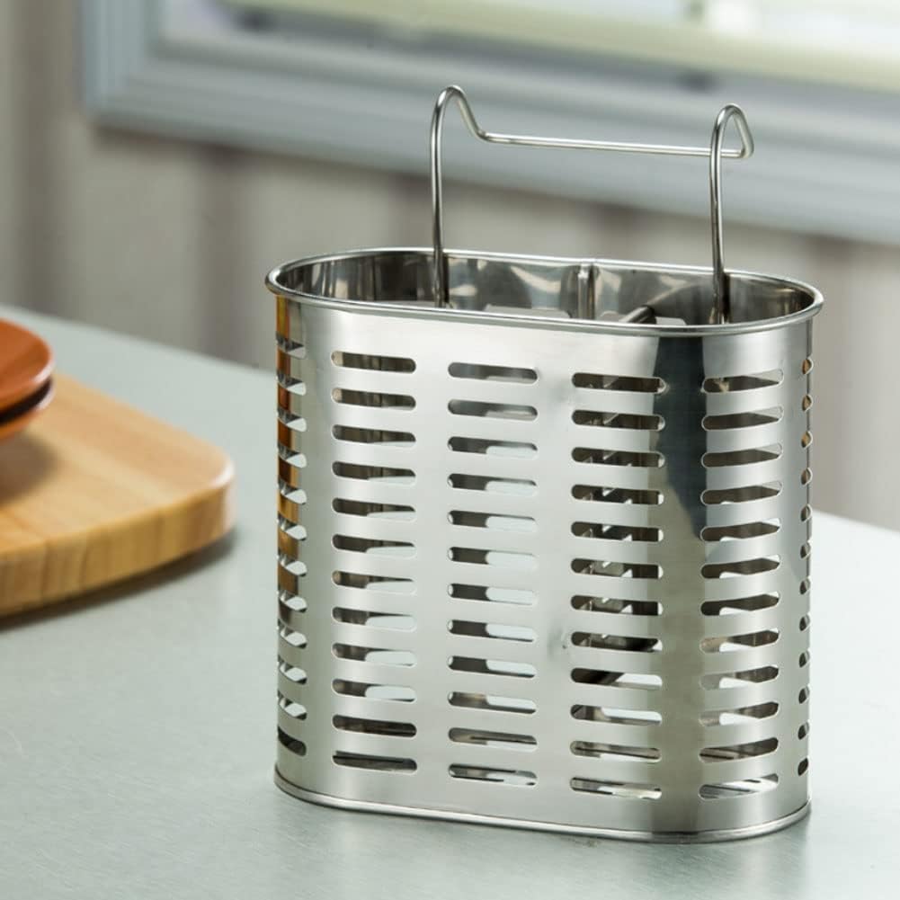 Stainless Steel Hanging 2 Compartments Mesh Utensil Drying Rack/Chopsticks/Spoon/Fork/Knife Drainer Basket Flatware Storage Drainer