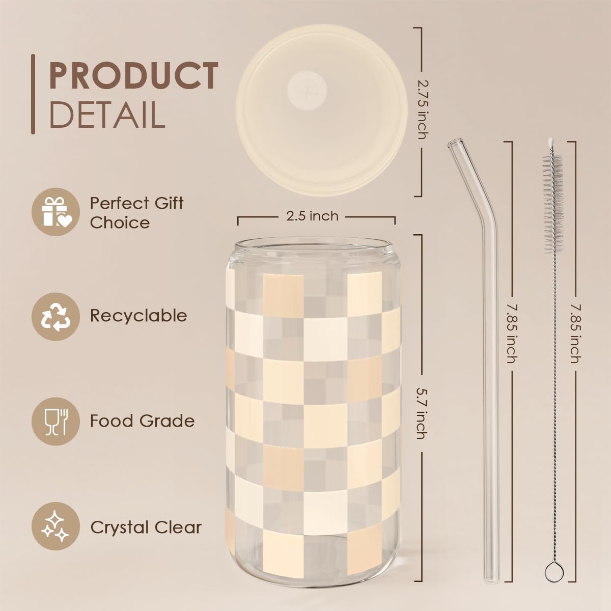 SANDJEST Checkerboard Glass Can, Beige Checker Cup with Lid &amp; Straw, Iced Coffee Aesthetic Cups, Gift for Christmas Birthday Mother Day, Gifts for Women, 16oz