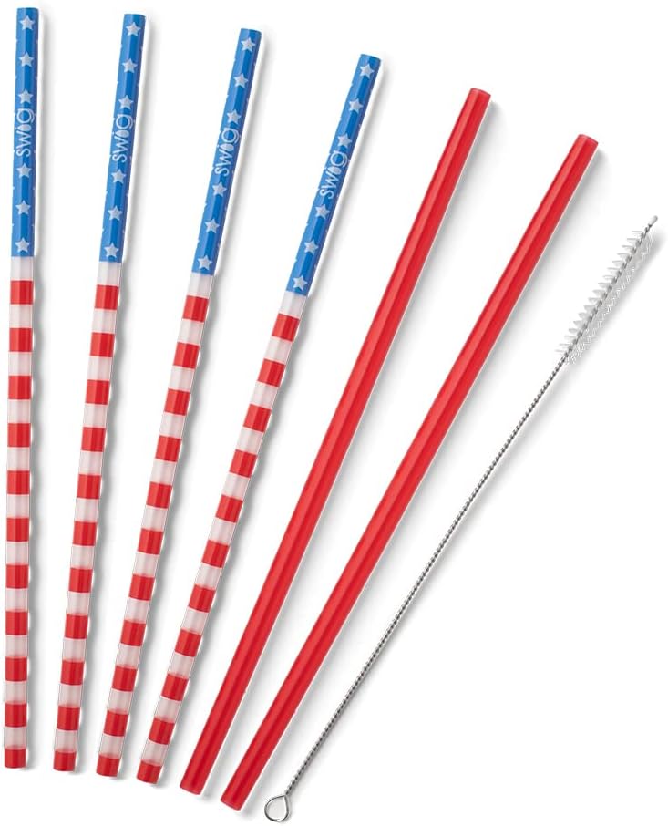 Swig Life Reusable Straw Set with Cleaning Brush, Stars + Stripes | Reusable Straw Set - Cleaning Brush Included - 14 Inch Long - Accessories for Cups &amp; Mugs