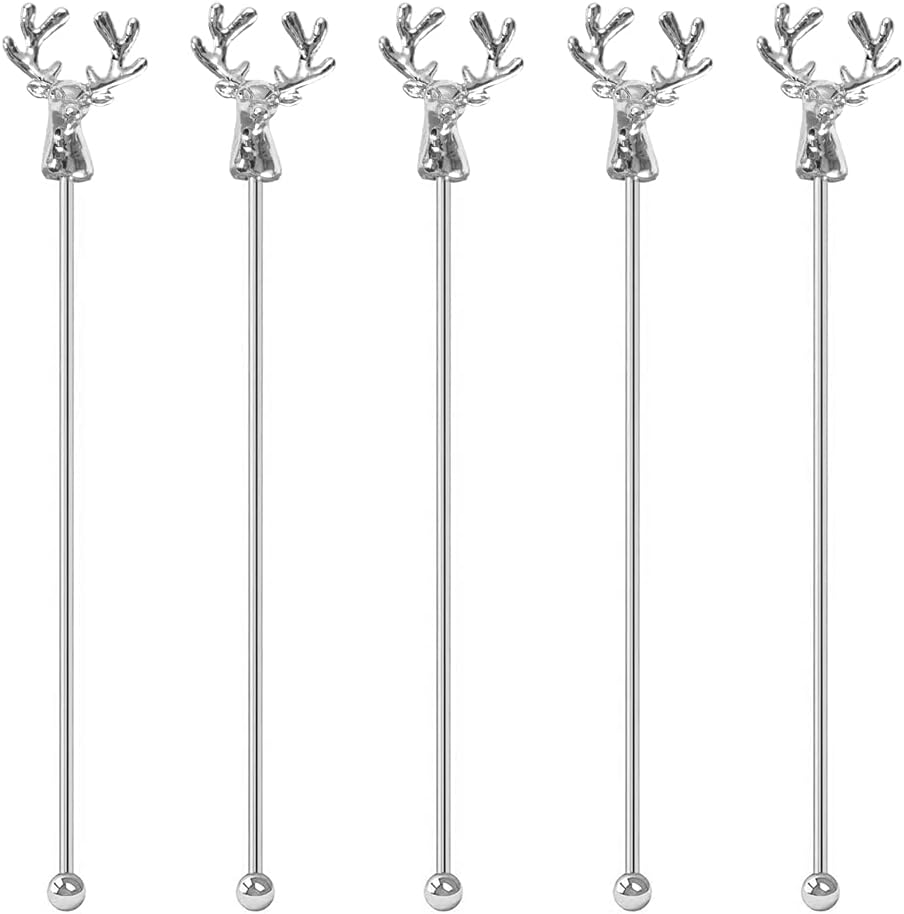 Swizzle Sticks,5 Pcs Stainless Steel Reusable Deer Head Shape Cocktail Stirrer Coffee Beverage Stir Sticks for Cocktail, Whiskey, Hot Cocoa, Creamer (Silver)