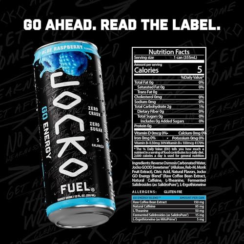 Jocko Fuel GO Energy Drinks, Blue Raspberry, 12 oz | 12 Pack | 95mg Clean, No Crash Natural Caffeine | No Sugar, Jitter Free | L-Theanine &amp; Adaptogens Lift Mood, Focus &amp; Endurance