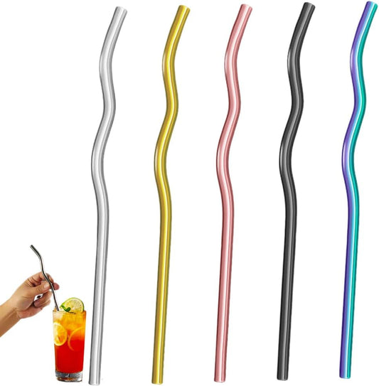 Reusable Stainless Steel Drinking Wavy Colorful Straws,With Curved Bend Metal Long Drinking Straws Set for