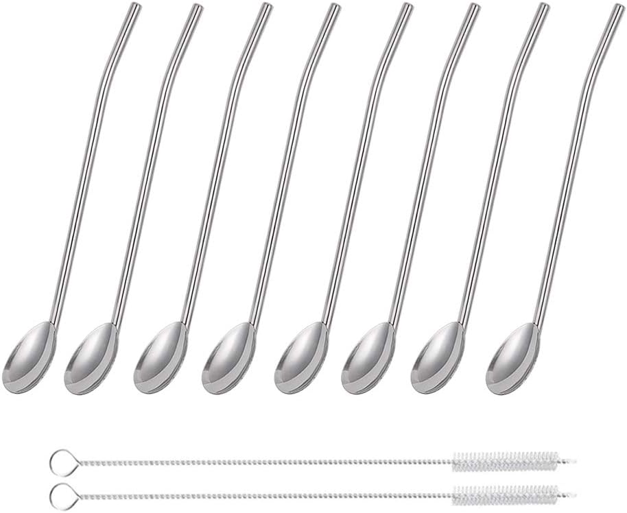 8pcs 2 in 1 Stainless Steel Straws Spoons with 2pcs Cleaning Brushes | Reusable Metall Straws Spoon Snow Cone Straws Drinking Stainless Steel Ice Tea Long Spoons Straws for Cocktail Milkshake