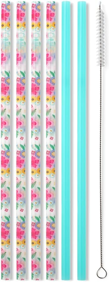 Swig Life Reusable Straws Island Bloom + Aqua Tall Straw Set & Cleaning Brush, Each Straw is 10.25 inch Long (Fits Swig Life